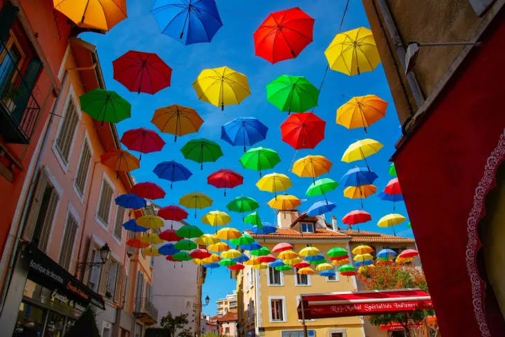 Arrangement of colorful umbrellas