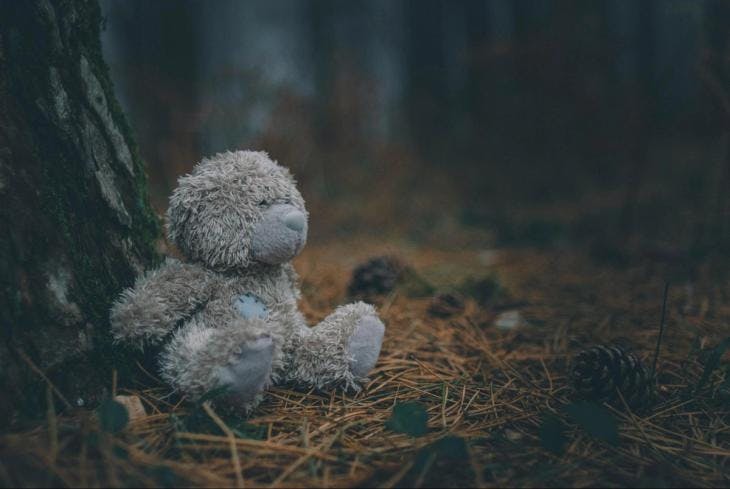 Teddy bear resting beside a tree in the forest