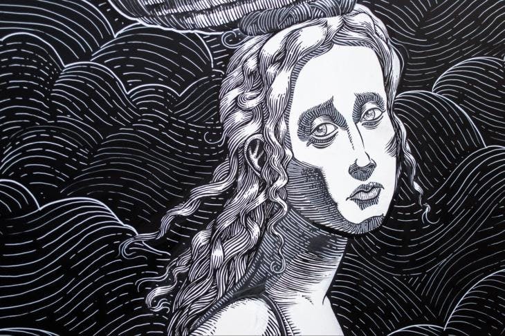 Artwork portraying a woman appearing sad