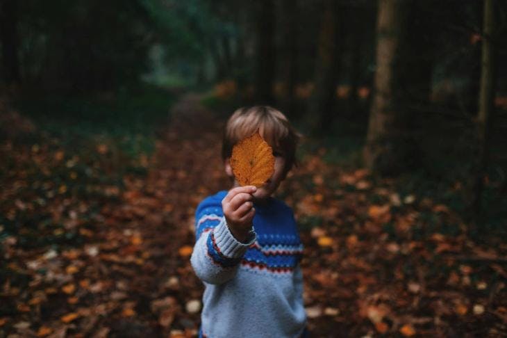 A boy holding a leaf in front of his face