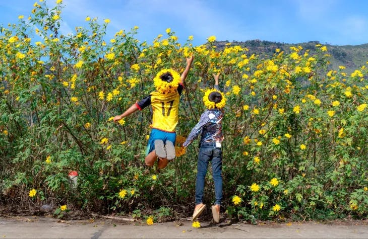Two kids wearing vibrant yellow flower crowns, surrounded by matching blossoms